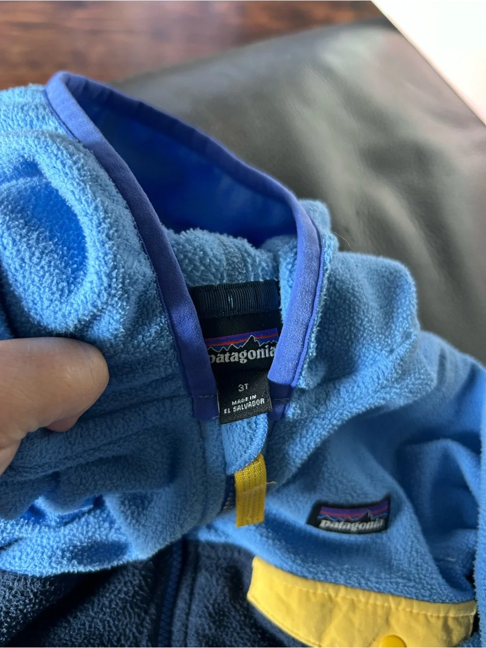 Patagonia Kids Blue & Navy Fleece Hoodie with Yellow Pocket Accent